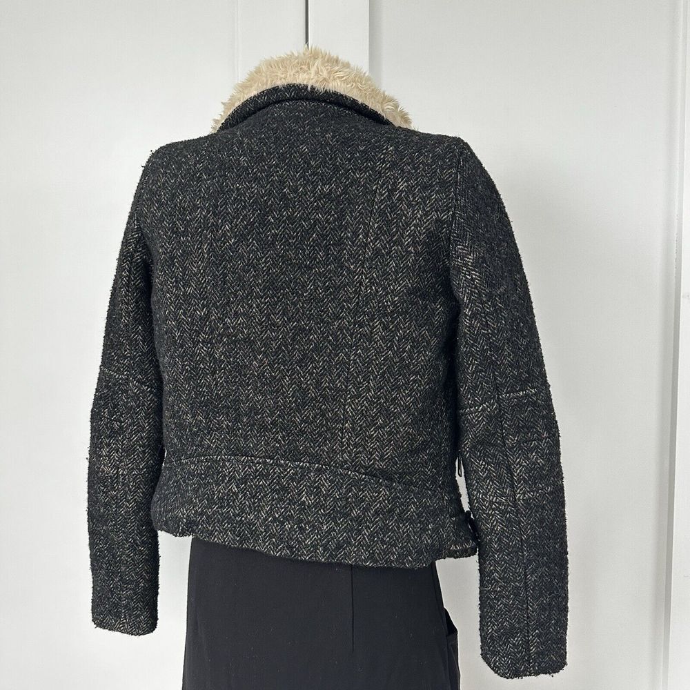 Zara Trafaluc Side Zip Shearling Wool Herringbone Tweed Moto Jacket Womens XS - Picture 8 of 10